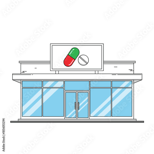 Modern pharmacy or drugstore building facade with a large pill and capsule medical sign on top in a clean vector illustration.