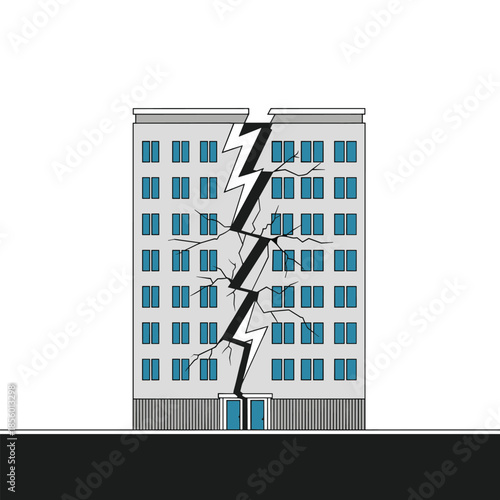 Tall residential apartment building with a massive structural crack through the center representing earthquake damage or failure.