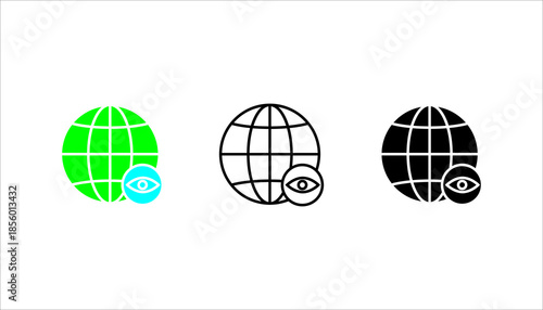 Global Monitoring Line Icon set. Outline of a globe combined with an eye symbol, representing global monitoring, worldwide surveillance, internet visibility, and digital observation. Suitable for tech