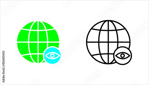 Global Monitoring Line Icon set. Outline of a globe combined with an eye symbol, representing global monitoring, worldwide surveillance, internet visibility, and digital observation. Suitable for tech