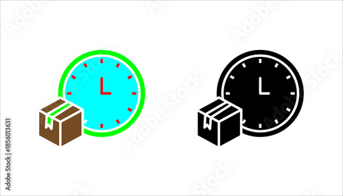 Delivery Time Line Icon set.  Line icon of a clock with a package symbol representing delivery time, shipping schedule, logistics efficiency, and fast delivery services.
