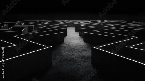 A maze of black and white lines, leading to a light source in the center.