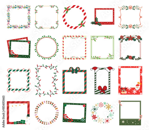 Christmas Square Photo Frame Collection. Flat Vector Border Templates with Candy Cane, Santa, and Snowflakes for Social Media Posts or Greeting Cards.