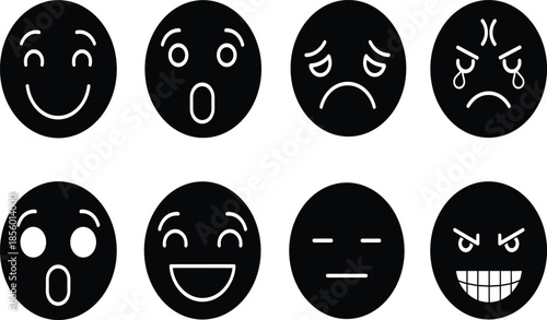 Black emoji faces set with happy surprised sad angry expressions, modern flat smiley icons collection isolated on white background