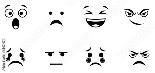 Black emoji facial expressions set showing happy sad angry surprised emotions, minimal cartoon faces icons isolated on white background