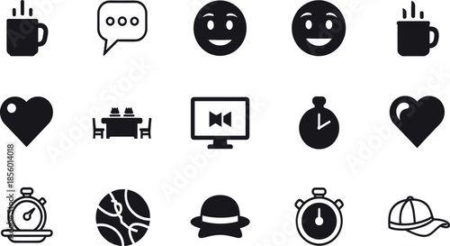 Black solid icon set with coffee, smiley faces, hearts, chat, sports and lifestyle symbols, minimal vector icons collection