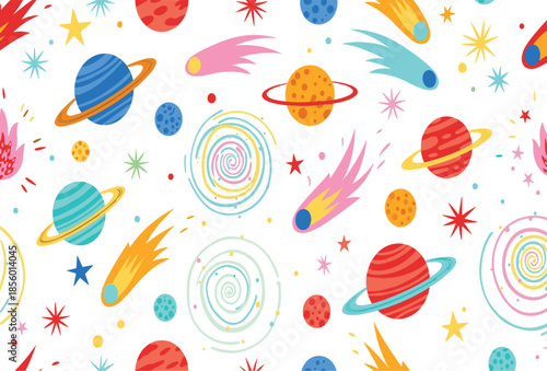 Colorful outer space pattern with planets, comets, stars and galaxies, playful cartoon cosmic background illustration isolated on white