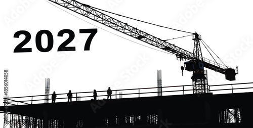 Construction site silhouette with tower crane and workers, 2027 future development concept, industrial building progress isolated on white background