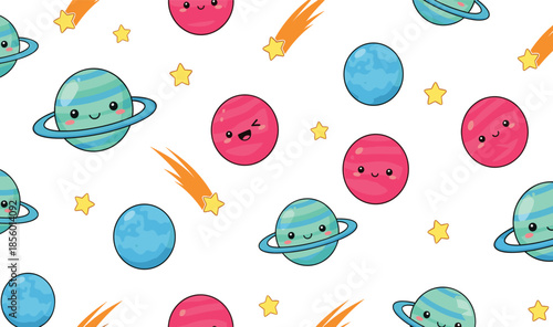 Cute cartoon planets and stars seamless pattern with smiling faces, colorful outer space background illustration for kids design