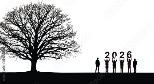 Silhouette of people holding 2026 numbers near large tree, new year hope, growth and future vision concept illustration