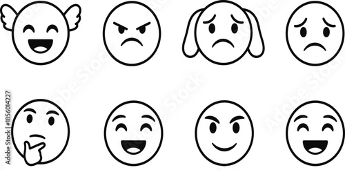 Simple outline emoji faces set with happy sad angry and thinking expressions, clean black and white smiley icons collection