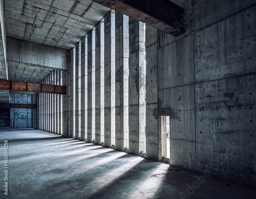 Wallpaper Mural Minimalist concrete building interior with vertical slits casting dramatic light rays, featuring a spacious open floor and exposed beams. Torontodigital.ca