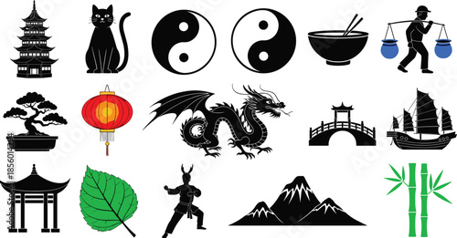 Asian culture icon set with pagoda, yin yang, dragon, lantern, bamboo and traditional symbols, black vector illustration collection