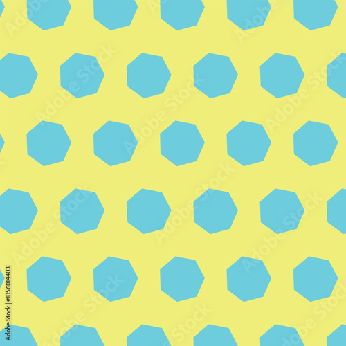This abstract image showcases a repeating pattern of light blue, imperfect octagonal shapes against a soft, pastel yellow background. The irregular shapes are arranged in neat rows and columns.