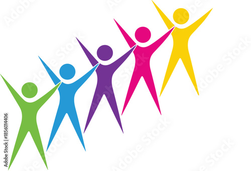 Colorful abstract human figures celebrating unity, teamwork, diversity and success, flat vector illustration for community, collaboration and positive lifestyle concepts