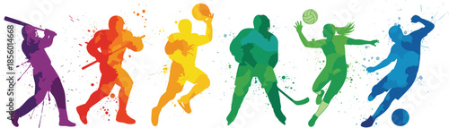 Colorful sports silhouettes illustration featuring dynamic athletes in action poses, modern paint splash design for fitness, competition and branding projects