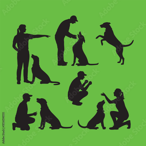 People training dogs in various poses and commands