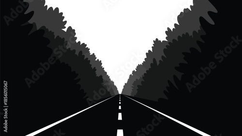 Black and white abstract illustration depicting a long straight highway vanishing toward a bright white horizon between stylized shadowy dark forest lines creating a stark visual perspective.