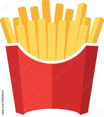 Flat vector illustration of crispy golden french fries in a red paper box pack isolated on white background for fast food and restaurant menu design