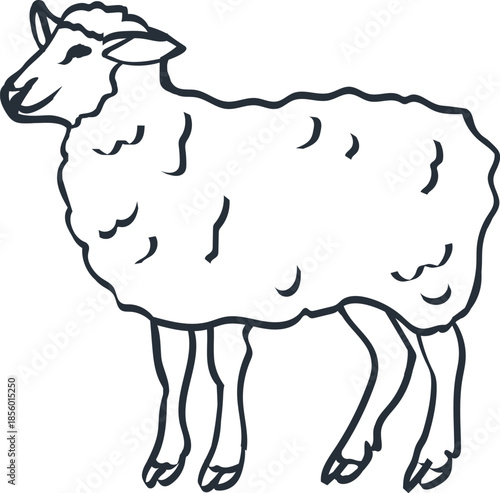 A cartoon vector illustration of a white sheep and domestic lamb silhouette isolated on a nature farm background with livestock cattle and agriculture animals