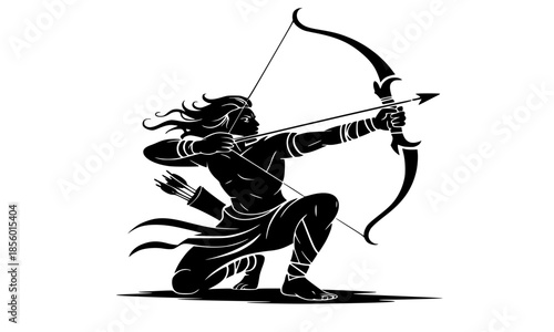 Lord Rama kneeling archer silhouette with bow and arrow, Hindu warrior god illustration, spiritual Indian mythology hero vector, Dussehra and Ram Navami festival design element on white background