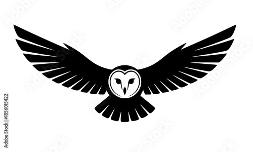 Barn owl silhouette flying with spread wings, nocturnal bird of prey vector illustration, predator owl soaring emblem, black bird icon isolated on white, majestic owl mascot for nature and wildlife