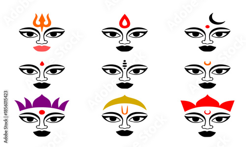 Set of Hindu Goddess faces with traditional Tilak and Bindi, Maa Durga eyes vector illustration, Shakti divine feminine icons, Navratri festival design elements