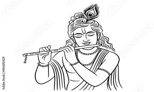 Lord Krishna playing flute line art illustration, divine Muralidhar with peacock feather drawing, Hindu god Bansuri vector, religious coloring page for Janmashtami, spiritual Indian mythology clip art