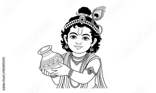 Little Krishna line art illustration holding butter pot, Lord Krishna line drawing with peacock feather, Bal Krishna coloring page vector, Janmashtami festival design element