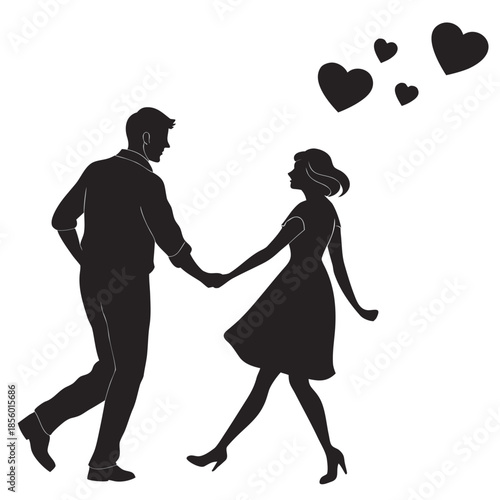 Silhouette of a romantic couple walking hand in hand, with hearts floating above them to symbolize love.