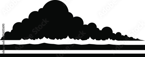 Silhouette of a large dense black cloud formation with jagged lower edge above two horizontal separator lines representing a horizon or graphic element in stark monochrome design