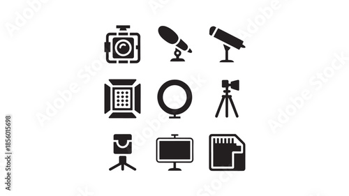 Collection of photography and videography equipment icons displayed on a clean white background