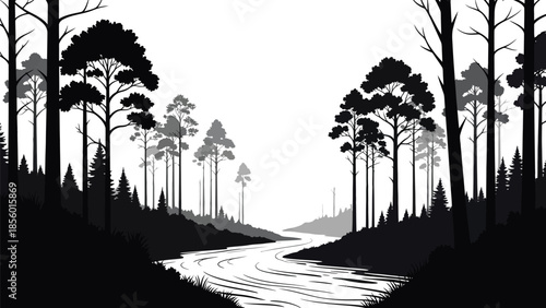 A striking black and white minimalist illustration depicts a winding river flowing through a dense forest silhouette surrounded by tall evergreen trees creating a dramatic natural landscape scene