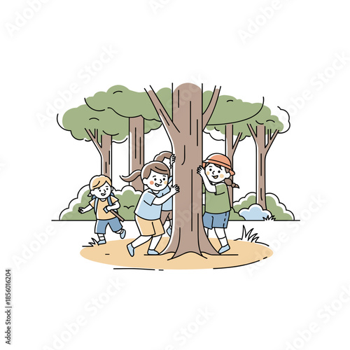 Kids joyfully playing hide and seek in forest, relaxation family concept with copy space