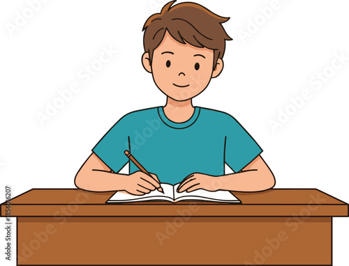 Flat vector illustration of a young boy student sitting at a wooden desk writing in a book isolated on white background for education design