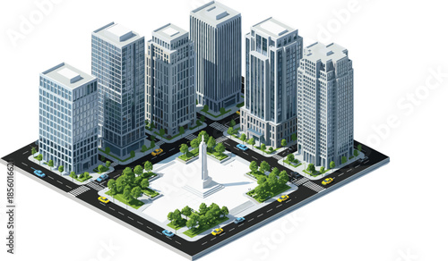 Isometric 3D city center with modern skyscrapers office buildings public park monument roads and traffic for urban planning real estate and architecture concept.