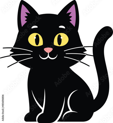 Flat vector illustration of a cute black cat with yellow eyes and pink nose sitting isolated on white background for pets and Halloween design