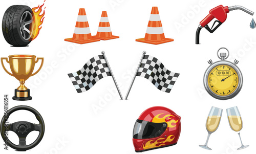 Professional car racing icons set with checkered flags trophy helmet flaming tire stopwatch and fuel pump for motor sports.