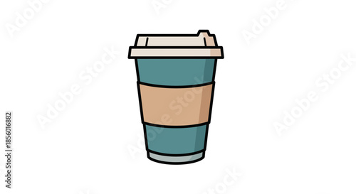 Reusable teal coffee cup with brown sleeve and white lid