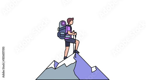 Man standing on mountain peak with hiking gear and backpack