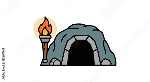 Colorful cave entrance with torch for adventure and exploration