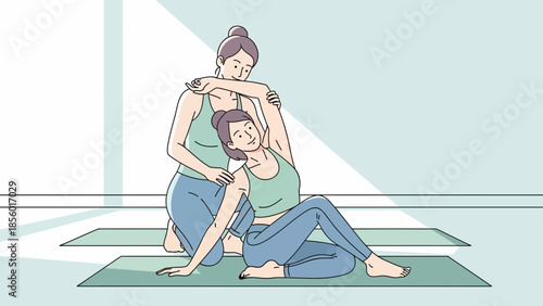 Two women practicing yoga together on mats in a serene room