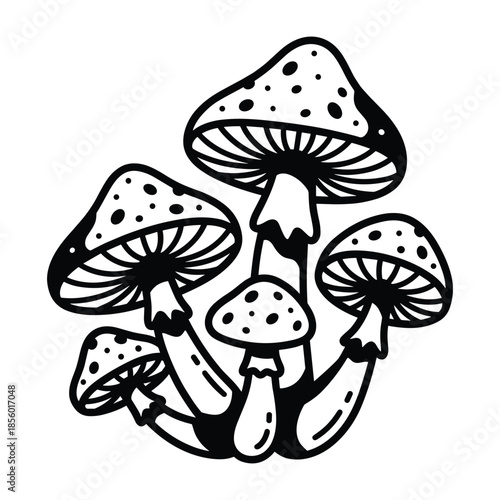 Mushroom group vector illustration, simple forest fungi outline drawing