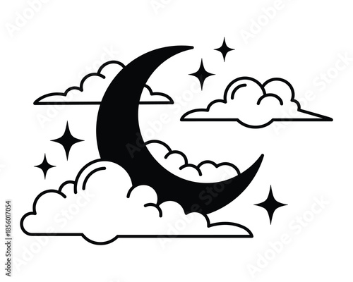 Crescent moon and stars with clouds vector illustration, celestial night sky