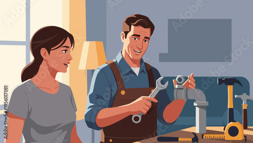Plumber and customer discussing pipe repair with tools on workbench