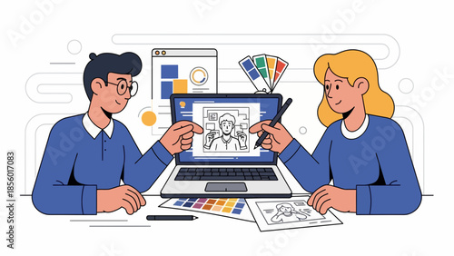 Creative team collaborating on graphic design project with laptop and color palette