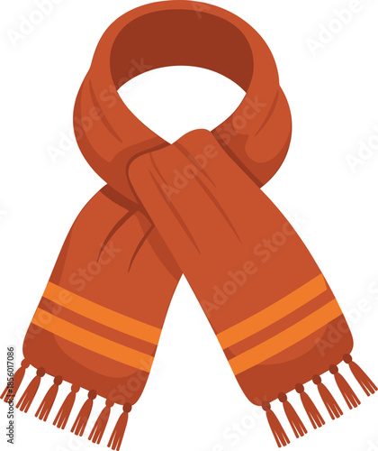 Flat vector illustration of a warm orange winter scarf with decorative stripes and tassels isolated on white background for seasonal clothing and cold weather design