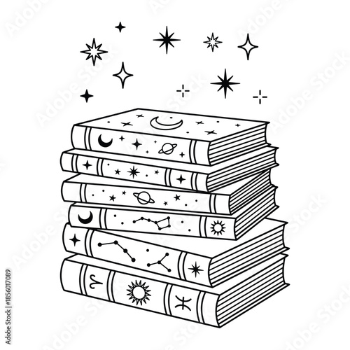 Stack of occult books with celestial symbols vector illustration, magic