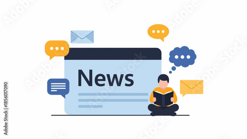 Man reading book with news website and chat bubbles around him