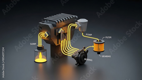 Automotive engine lubrication system diagram with sump pump filter and bearing